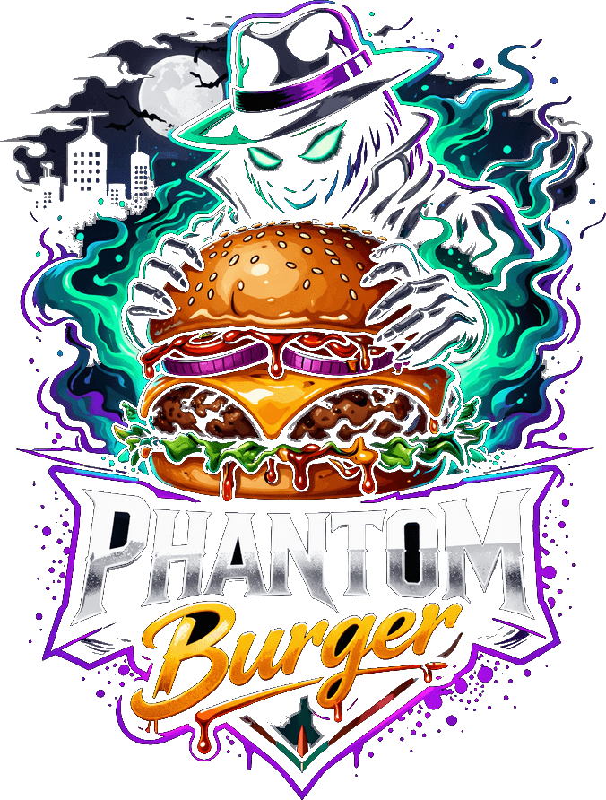 Phantom Burger: a phantom in a fedora clutching a smash burger